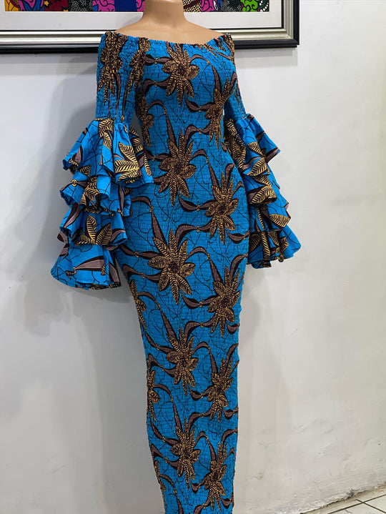 African print smoke body-con with double layers ruffles sleeves.