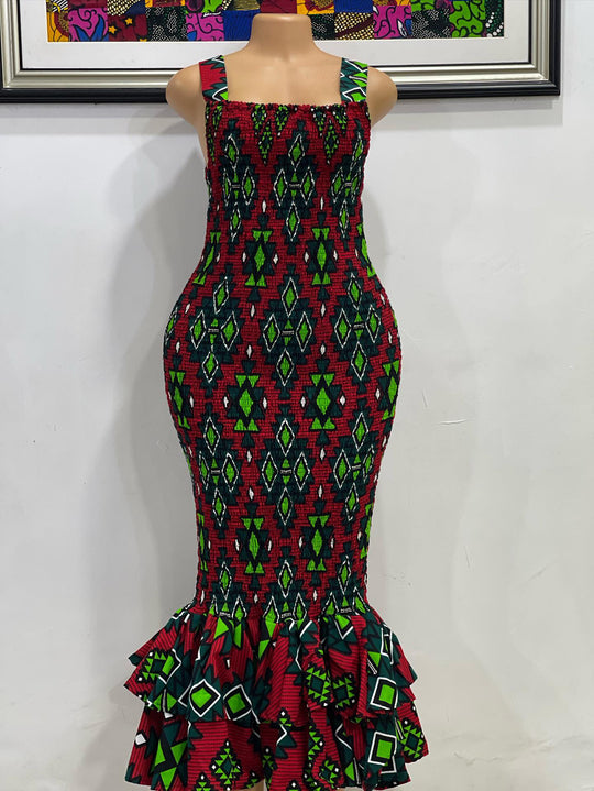 African print smoked body-con dress.