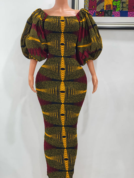 African print stretchy body-con dress with puffy sleeves