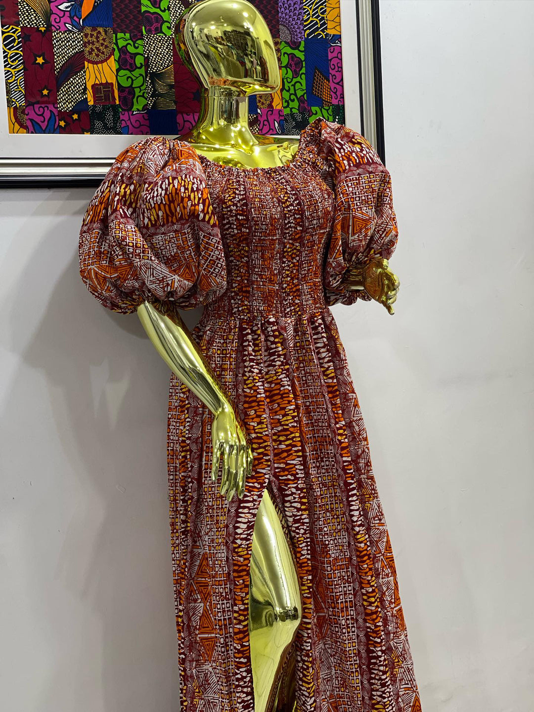 African print stretchy puffy sleeves long maxi dress