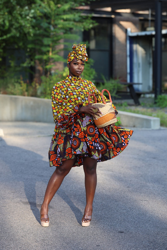 African print short A line flare dress with pockets.