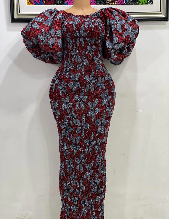 African print stretchy puff sleeve bodycon dress.