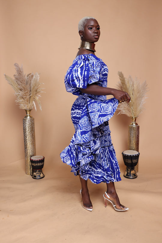 African print smoked puffy sleeves body-con dress.