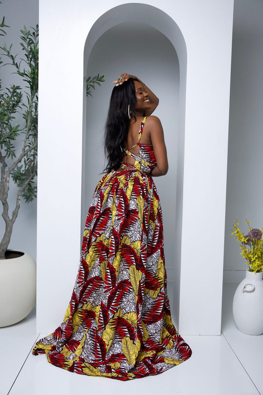 African print long maxi dress with open bareback.