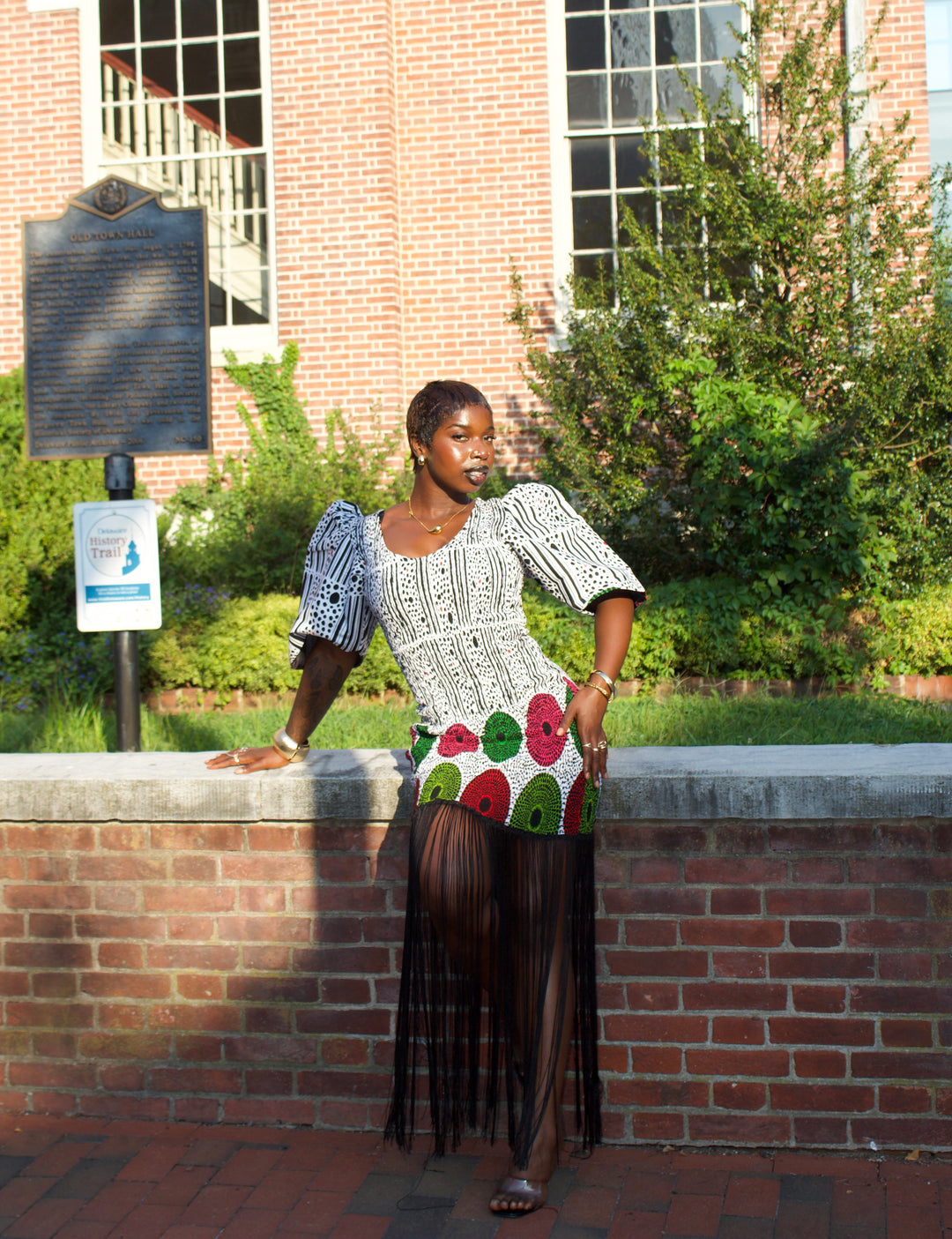 African print smoked bodycon dress with dripping fringe.