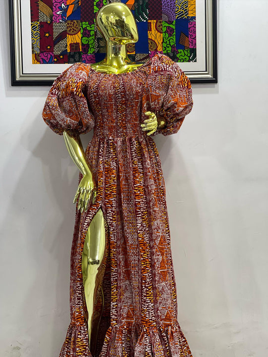 African print stretchy puffy sleeves long maxi dress