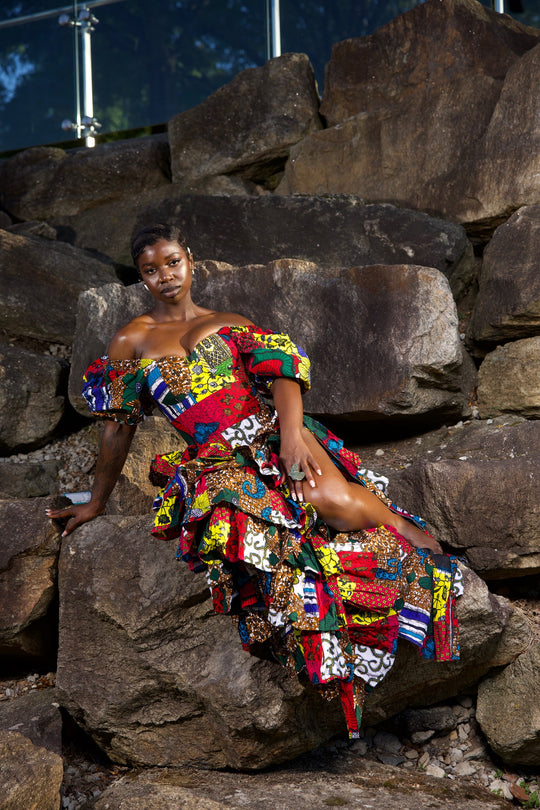 Niouma African print high waisted patches ruffled skirt set.