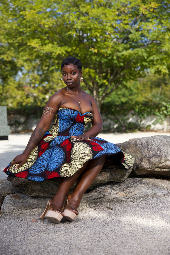 African print short corset dress with pockets.