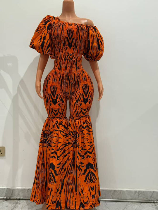 Off Shoulder African Print Stretchy Bell-Bottom Jumpsuit.