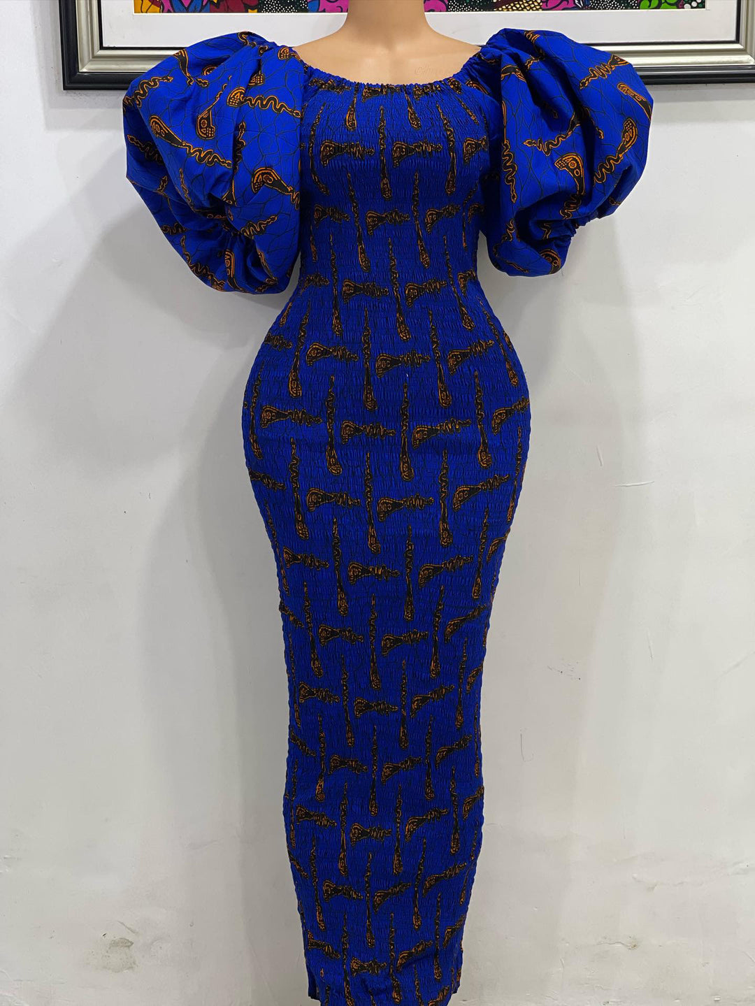 African print stretchy puff sleeve bodycon dress.