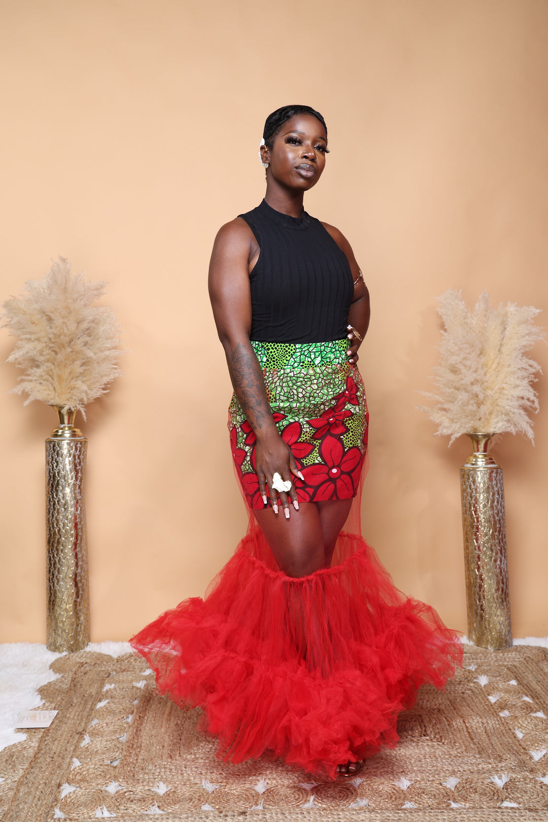 African print skirt with tulle and matching headwrap.