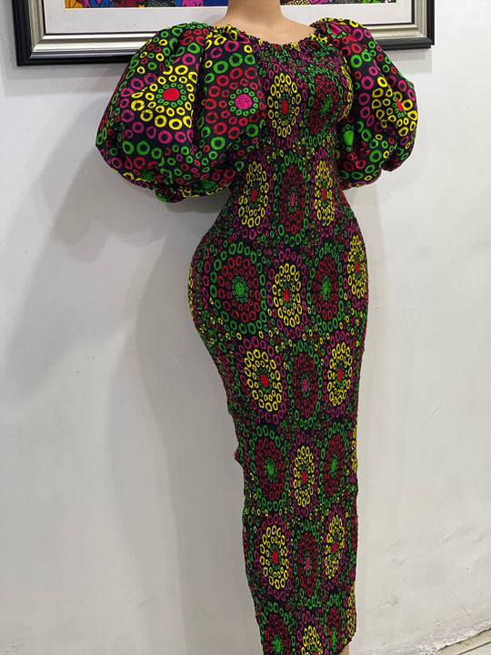 African print stretchy puff sleeves bodycon dress.