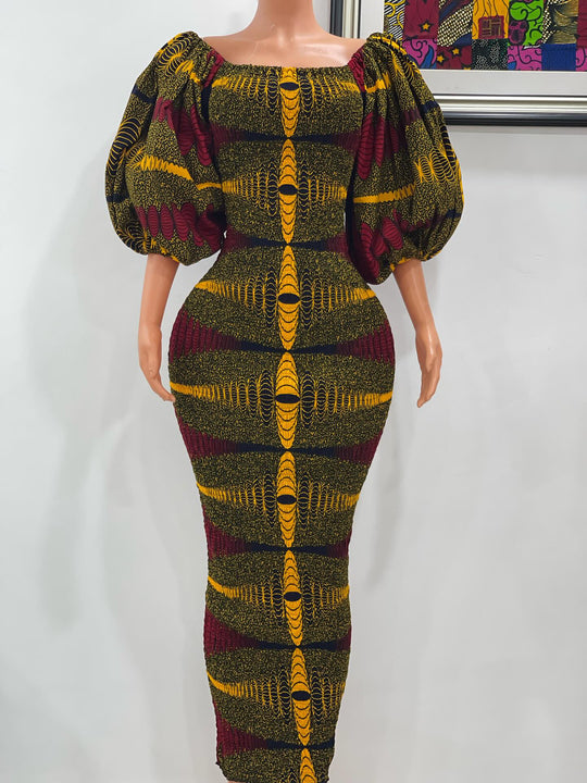 African print stretchy body-con dress with puffy sleeves