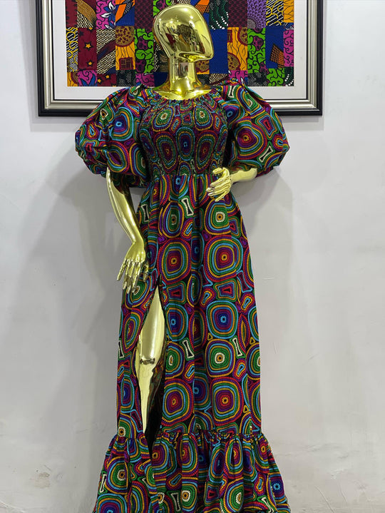 African print stretchy puffy sleeves long maxi dress.🔥