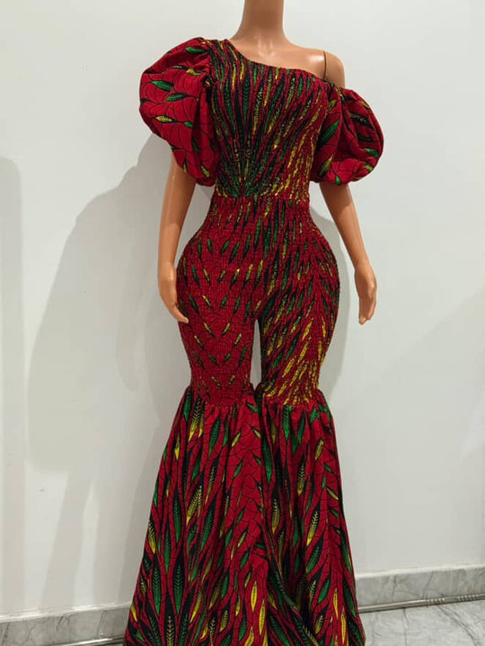 Off Shoulder African Print Stretchy Bell Bottom Jumpsuit.