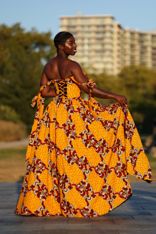 African print corset long maxi dress with tie on sleeves.