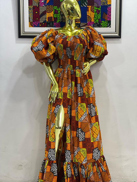 African print stretchy puffy sleeve long maxi dress.