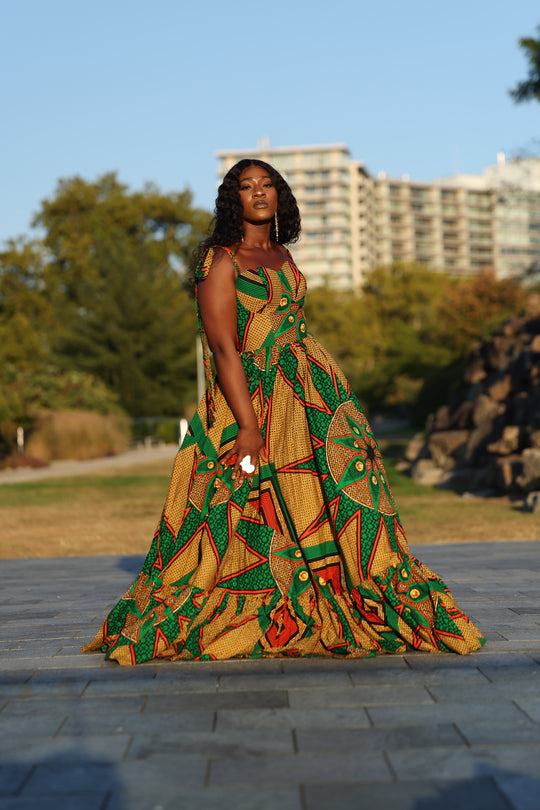 African print corset long maxi dress with tie on spaghetti sleeves.