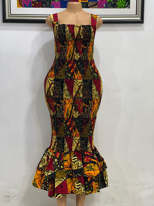 African print smoked body-con dress.