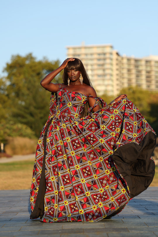 African print corset long maxi dress with tie on sleeves.