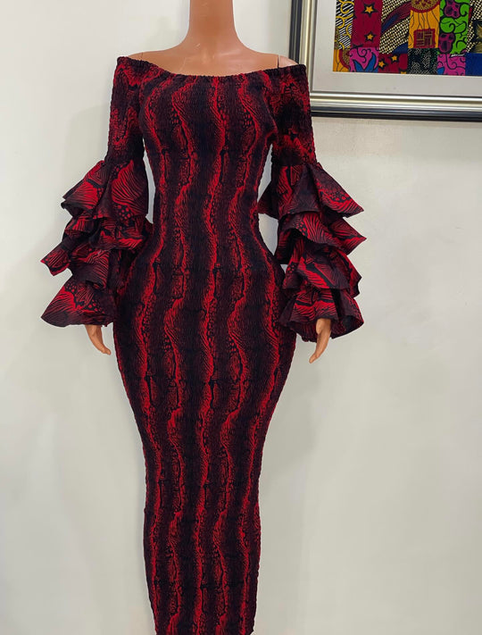 African print smoked bodycon dress with ruffles sleeves.