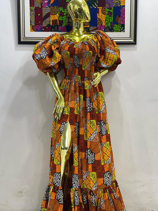 African print stretchy puffy sleeve long maxi dress.