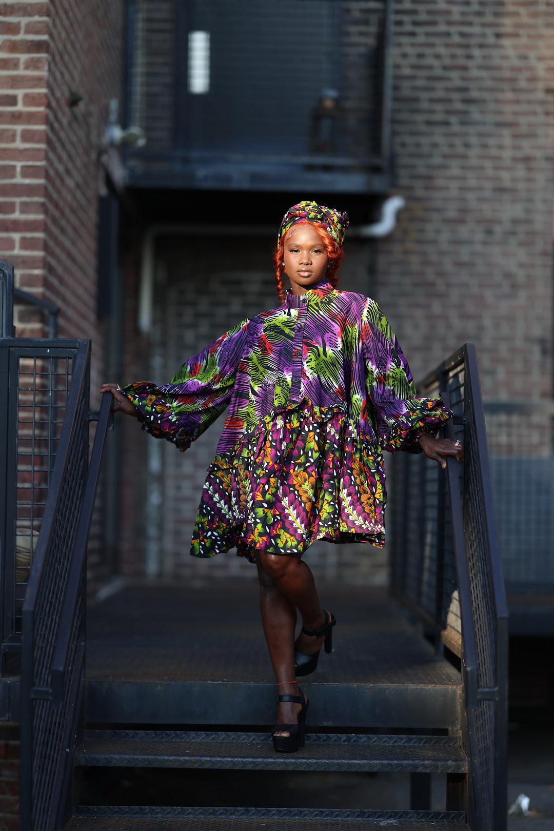 African print short A line flare dress with pockets.