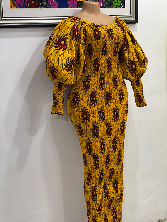 African print smoked puffy sleeves body-con dress.