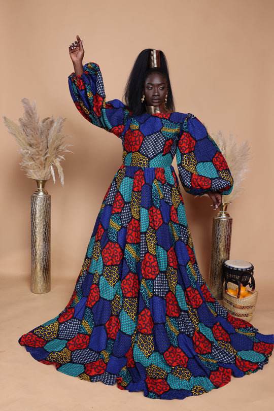 African print long ball gown, African print maxi dress.