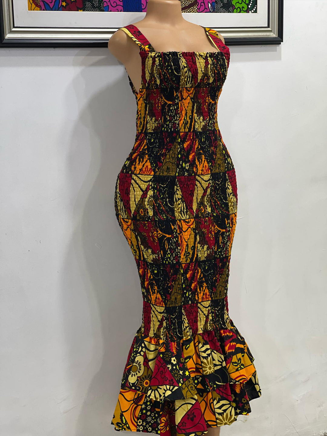 African print smoked body-con dress.