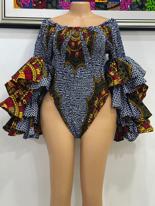 African print smoked off shoulder bodysuit with double layers sleeves