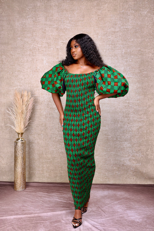 African print stretchy puff sleeve bodycon dress.