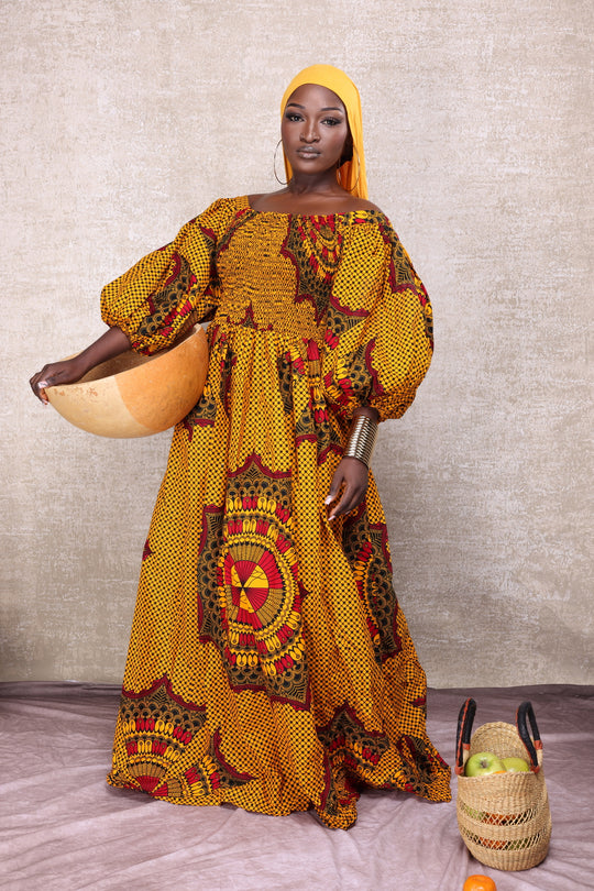 African print stretchy puffy sleeves long maxi dress.