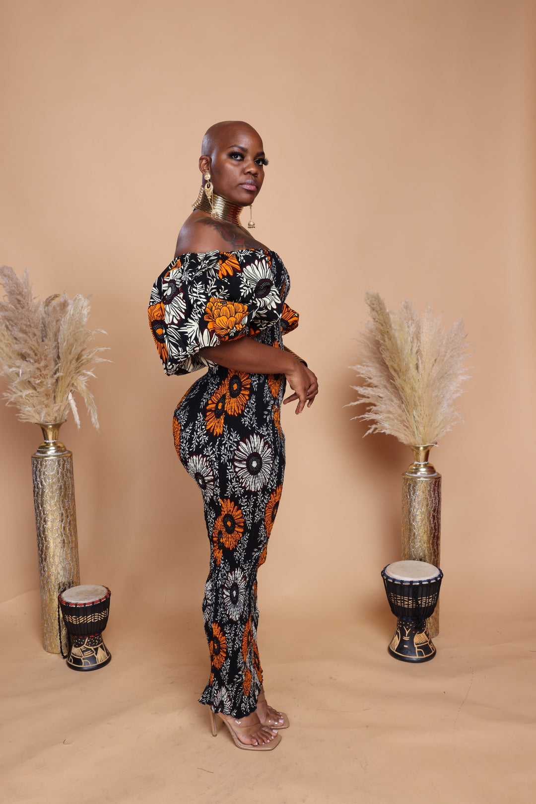 African print stretchy puff sleeve bodycon dress.