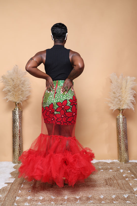 African print skirt with tulle and matching headwrap.