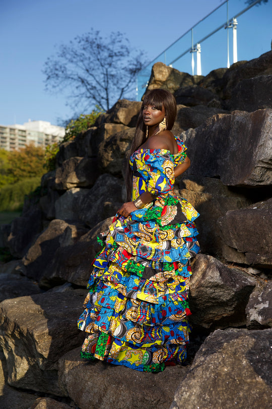 Niouma African print high waisted patches ruffled skirt set.