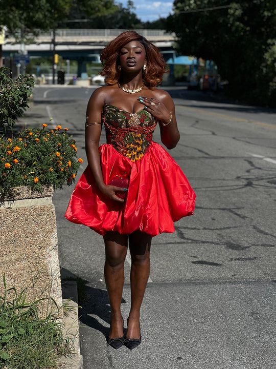 African Print Corset Mini Dress with Luxurious Liquid Satin Bubble Skirt