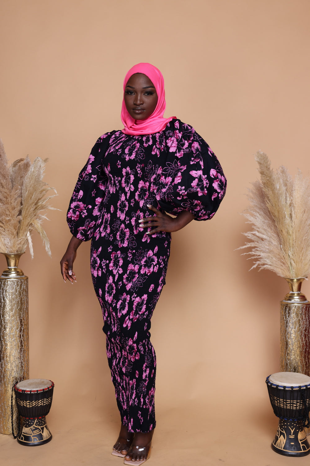 African print stretchy puff sleeve bodycon dress.