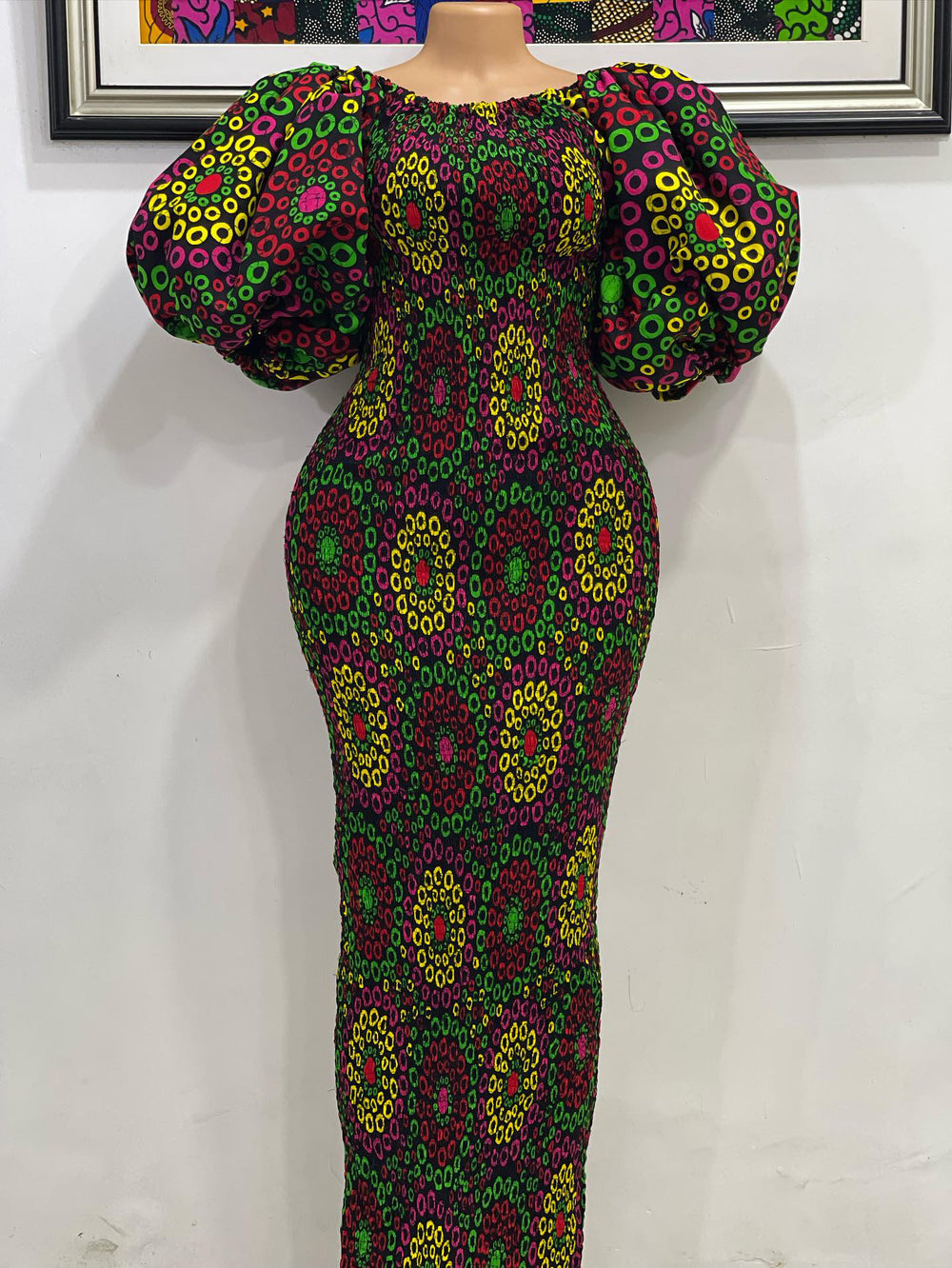 African print stretchy puff sleeves bodycon dress.