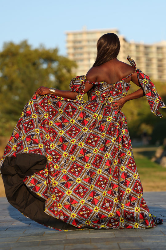 African print corset long maxi dress with tie on sleeves.