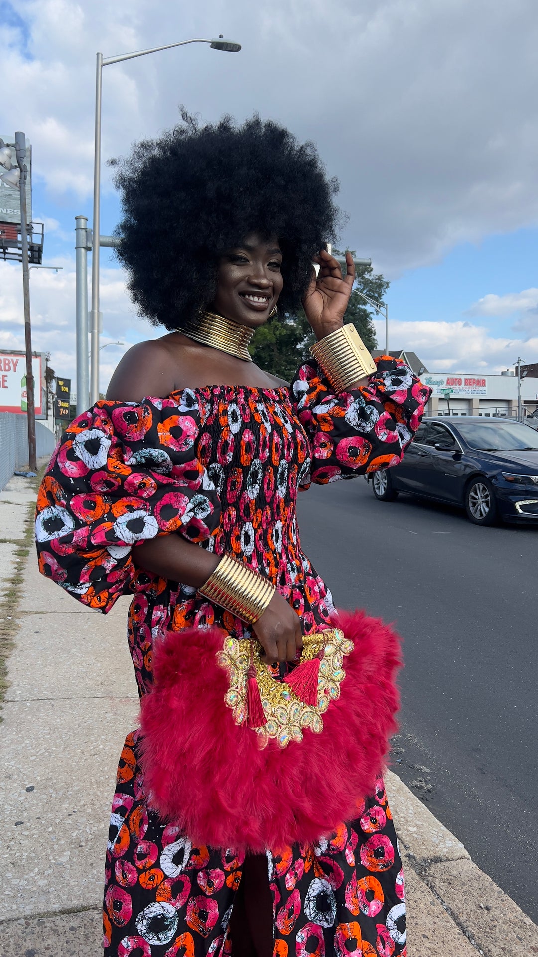 African print stretchy puffy sleeves long maxi dress.