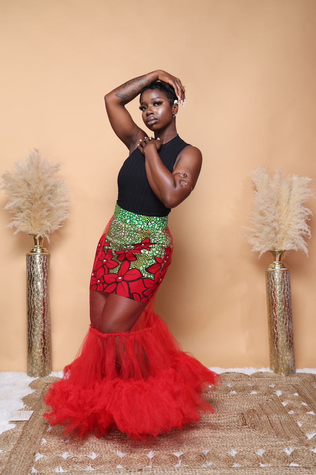 African print skirt with tulle and matching headwrap.