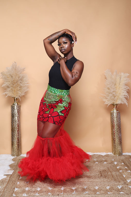 African print skirt with tulle and matching headwrap.