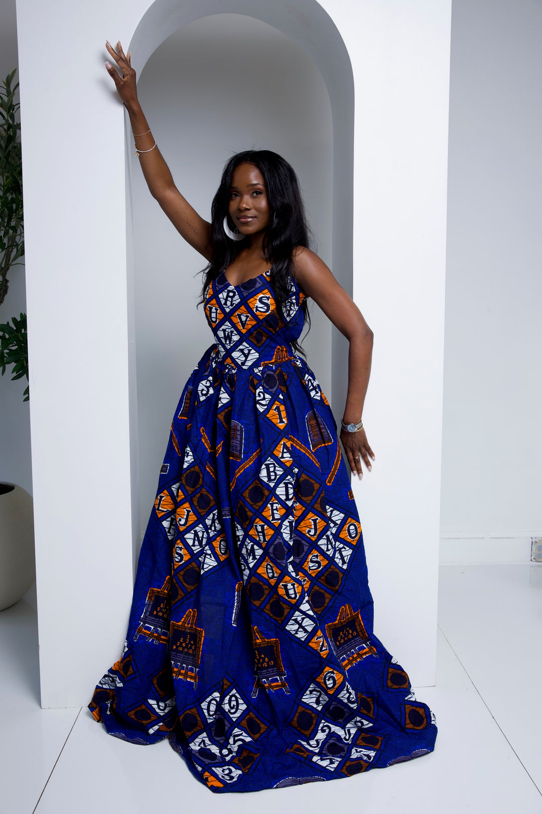 African print long maxi dress with open bareback.