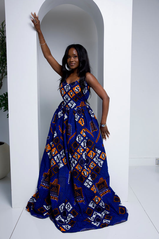 African print long maxi dress with open bareback.