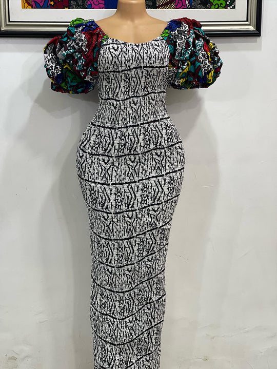 African smoked puffy sleeves body-con dress.