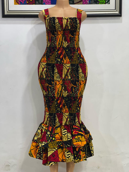 African print smoked body-con dress.