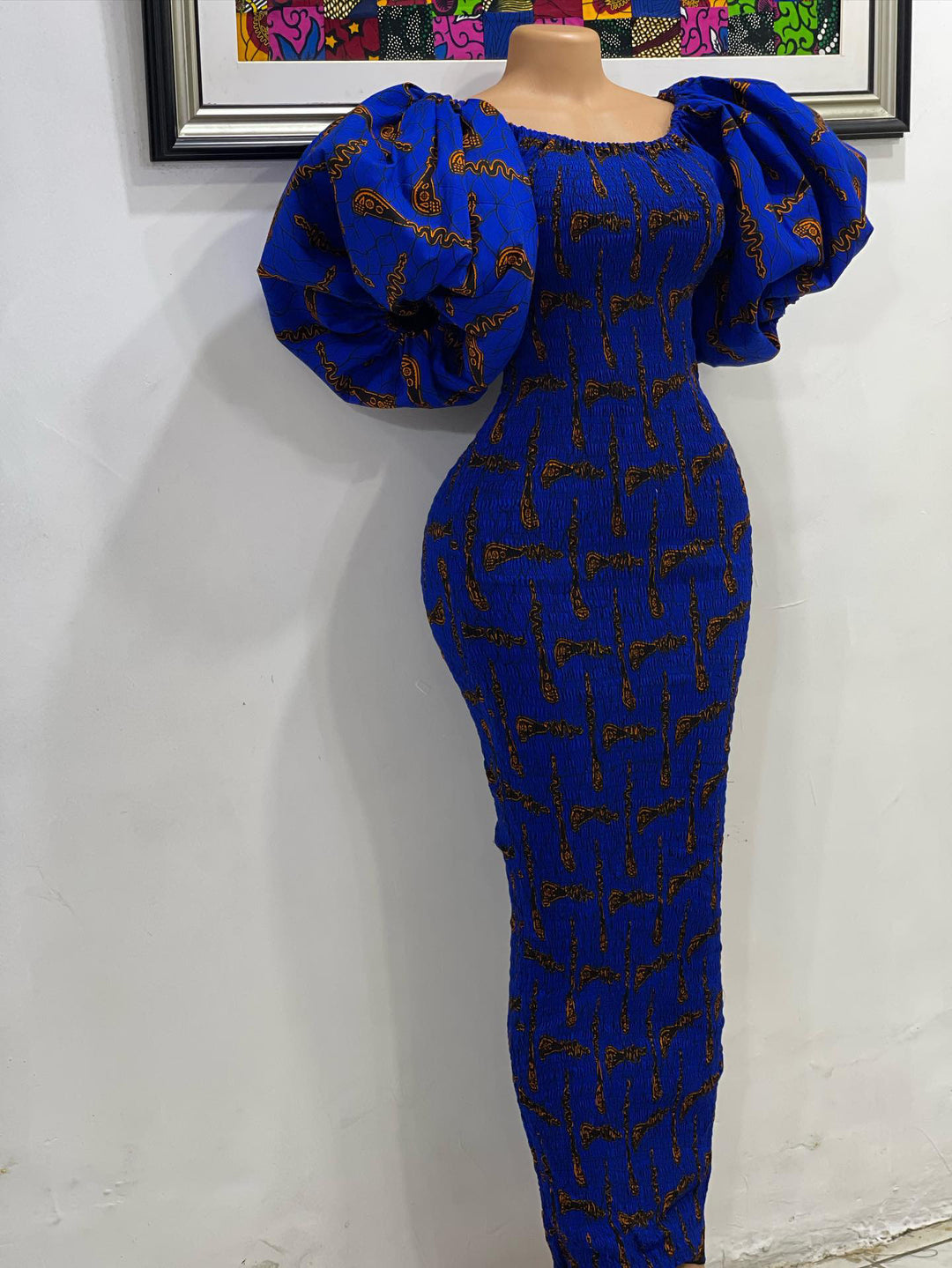 African print stretchy puff sleeve bodycon dress.