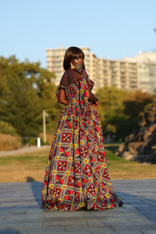 African print corset long maxi dress with tie on sleeves.