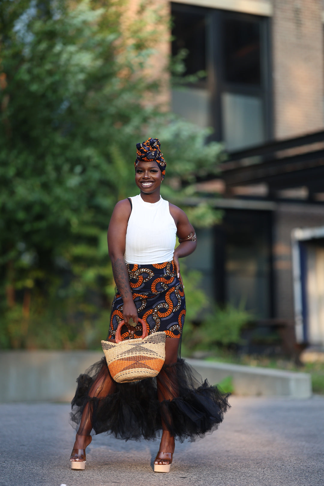 African print skirt with tulle and matching headwrap.